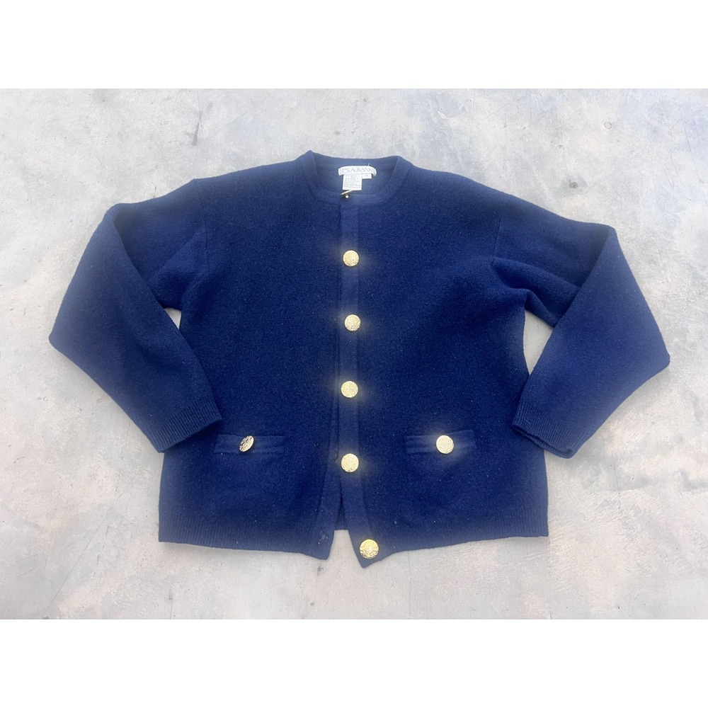 Vintage Jos‎ A Bank Cardigan Sweater Womens Medium Blue 100% Merino Wool Buttons